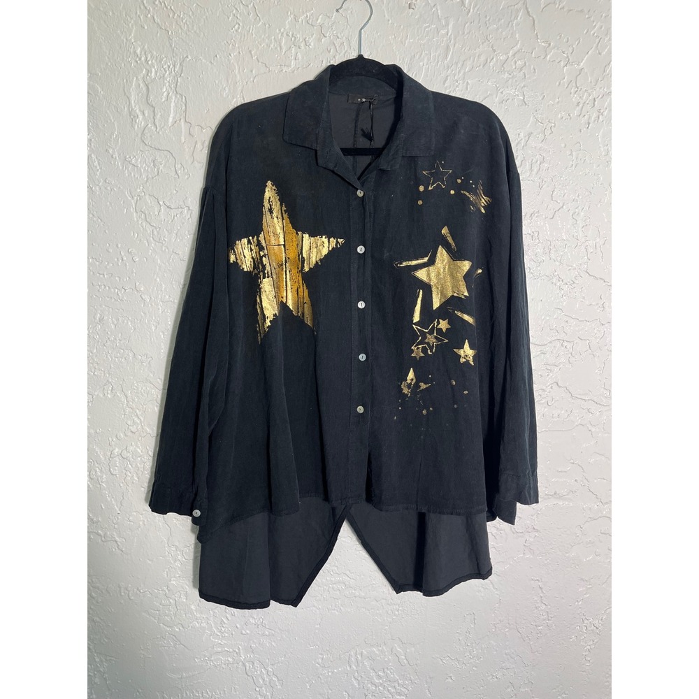 Miss Carla‎ Italy Black Corduroy Gold Foil Star Button Down Shirt Oversized NEW